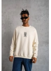 Unisex Bisiklet Yaka Baskılı Oversize Sweatshirt - Beyaz