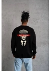 Unisex Bisiklet Yaka Baskılı Oversize Sweatshirt - Siyah