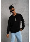 Unisex Bisiklet Yaka Baskılı Oversize Sweatshirt - Siyah