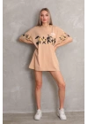 Unisex Bisiklet Yaka Baskılı Oversize T-Shirt - Bej