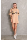 Unisex Bisiklet Yaka Baskılı Oversize T-Shirt - Bej