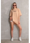 Unisex Bisiklet Yaka Baskılı Oversize T-Shirt - Bej