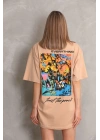 Unisex Bisiklet Yaka Baskılı Oversize T-Shirt - Bej