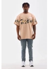 Unisex Bisiklet Yaka Baskılı Oversize T-Shirt - Bej