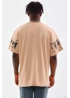 Unisex Bisiklet Yaka Baskılı Oversize T-Shirt - Bej