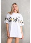 Unisex Bisiklet Yaka Baskılı Oversize T-Shirt - Beyaz