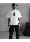 Unisex Bisiklet Yaka Baskılı Oversize T-Shirt - Beyaz