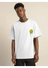 Unisex Bisiklet Yaka Baskılı Oversize T-Shirt - Beyaz