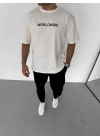 Unisex Bisiklet Yaka Baskılı Oversize T-Shirt - Beyaz