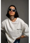 Unisex Bisiklet Yaka Baskılı Oversize T-Shirt - Beyaz