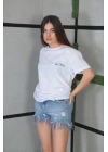 Unisex Bisiklet Yaka Baskılı Oversize T-Shirt- Beyaz