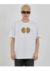 Unisex Bisiklet Yaka Baskılı Oversize T-Shirt - Beyaz