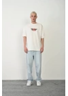 Unisex Bisiklet Yaka Baskılı Oversize T-Shirt - Beyaz