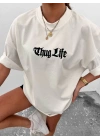 Unisex Bisiklet Yaka Baskılı Oversize T-Shirt - Beyaz