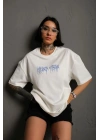 Unisex Bisiklet Yaka Baskılı Oversize T-Shirt - Beyaz