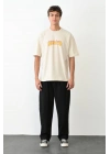 Unisex Bisiklet Yaka Baskılı Oversize T-Shirt - Beyaz