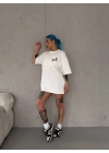 Unisex Bisiklet Yaka Baskılı Oversize T-Shirt - Beyaz