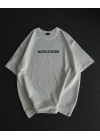 Unisex Bisiklet Yaka Baskılı Oversize T-Shirt - Beyaz