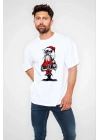 Unisex Bisiklet Yaka Baskılı Oversize T-Shirt - Beyaz