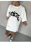 Unisex Bisiklet Yaka Baskılı Oversize T-Shirt - Beyaz
