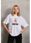Unisex Bisiklet Yaka Baskılı Oversize T-Shirt - Beyaz