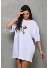 Unisex Bisiklet Yaka Baskılı Oversize T-Shirt - Beyaz