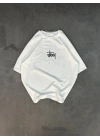 Unisex Bisiklet Yaka Baskılı Oversize T-Shirt - Beyaz