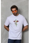 Unisex Bisiklet Yaka Baskılı Oversize T-Shirt - Beyaz