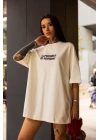 Unisex Bisiklet Yaka Baskılı Oversize T-Shirt - Beyaz