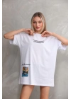 Unisex Bisiklet Yaka Baskılı Oversize T-Shirt - Beyaz