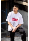 Unisex Bisiklet Yaka Baskılı Oversize T-Shirt - Beyaz