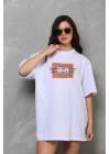 Unisex Bisiklet Yaka Baskılı Oversize T-Shirt - Beyaz