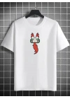Unisex Bisiklet Yaka Baskılı Oversize T-Shirt - Beyaz