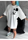 Unisex Bisiklet Yaka Baskılı Oversize T-Shirt - Beyaz