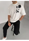Unisex Bisiklet Yaka Baskılı Oversize T-Shirt - Beyaz