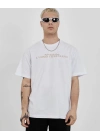 Unisex Bisiklet Yaka Baskılı Oversize T-Shirt - Beyaz