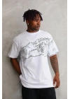 Unisex Bisiklet Yaka Baskılı Oversize T-Shirt - Beyaz