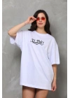 Unisex Bisiklet Yaka Baskılı Oversize T-Shirt - Beyaz