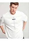 Unisex Bisiklet Yaka Baskılı Oversize T-Shirt - Beyaz