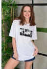 Unisex Bisiklet Yaka Baskılı Oversize T-Shirt - Beyaz