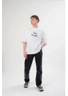 Unisex Bisiklet Yaka Baskılı Oversize T-Shirt - Beyaz