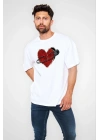 Unisex Bisiklet Yaka Baskılı Oversize T-Shirt - Beyaz