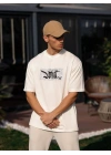 Unisex Bisiklet Yaka Baskılı Oversize T-Shirt - Beyaz