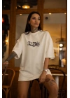 Unisex Bisiklet Yaka Baskılı Oversize T-Shirt - Beyaz