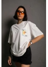 Unisex Bisiklet Yaka Baskılı Oversize T-Shirt - Beyaz