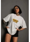 Unisex Bisiklet Yaka Baskılı Oversize T-Shirt - Beyaz