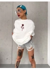 Unisex Bisiklet Yaka Baskılı Oversize T-Shirt - Beyaz