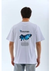 Unisex Bisiklet Yaka Baskılı Oversize T-Shirt - Beyaz