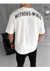 Unisex Bisiklet Yaka Baskılı Oversize T-Shirt - Beyaz