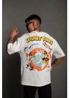 Unisex Bisiklet Yaka Baskılı Oversize T-Shirt - Beyaz